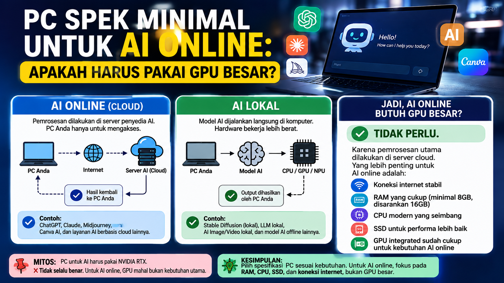 PC spek minimal untuk AI online tanpa GPU besar
