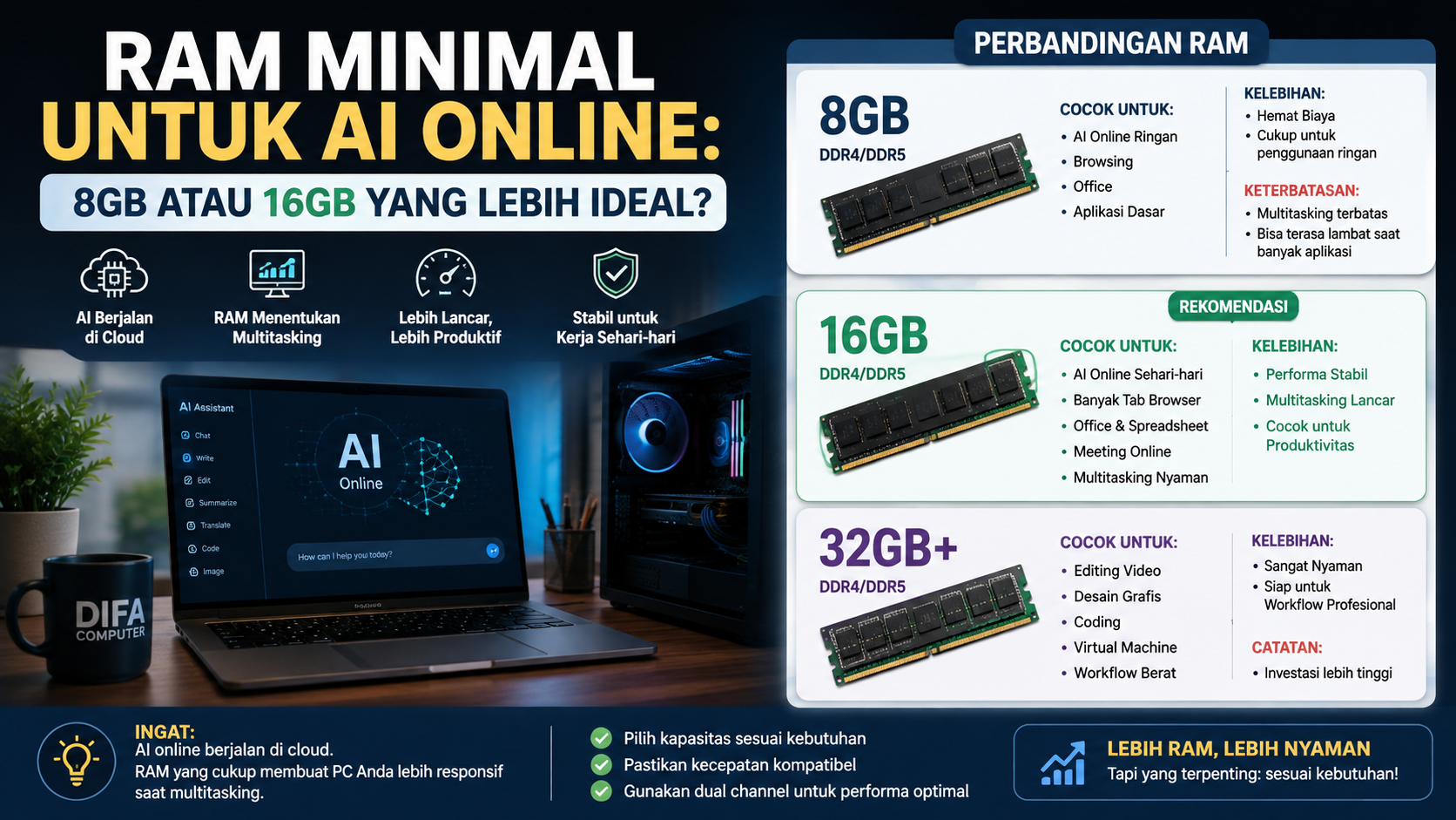 RAM minimal untuk AI online 8GB atau 16GB